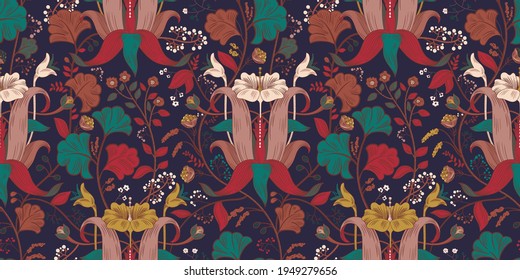 Patrón floral inmaculado. Papel mural floral Art Nouveau. Impresión vectorial. Papel mural del renacimiento sin fisuras. Papel retro de desmaquillaje. Fondo de Damasco. Fondo victoriano con flores grandes