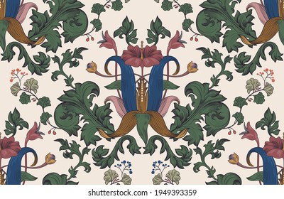 Vintage seamless floral pattern. Art nouveau floral wallpaper. Vector print. Seamless renaissance wallpaper. Decoupage retro paper. Damask background. Victorian backdrop with big flowers