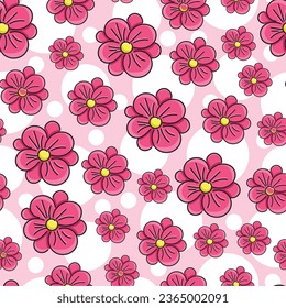Vintage seamless floral pattern. Background of pink color flowers. Blooming flowers scattered over a pink background.