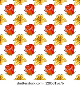 Vintage seamless floral pattern. Beautiful rose and lily flower buds on a white. Abstract hand drawn vector background