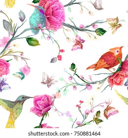 Vintage Seamless floral pattern: bird, butterfly and flower, leaf, branch, isolated on background. Imitation of embroidery, watercolor. Hand drawn vector illustration, separated editable elements.