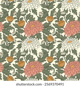 Vintage Seamless Floral Pattern with Chrysanthemums and Leaves