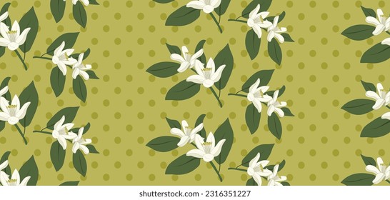 Vintage seamless floral pattern, citrus blossoming branches and polka dots on greenish yellow background. Repeat surface design for wallpaper, textiles, packaging. 