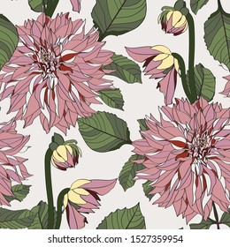 Vintage seamless floral pattern with Dahlia flowers, buds and leaves. Floral illustration.