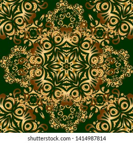 Vintage seamless floral pattern. Decoration for fabric, textile, interior. Handmade vector golden elements on green background.