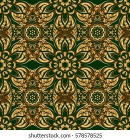 Vintage seamless floral pattern. Decoration for fabric, textile, interior. Handmade vector golden elements on green background.