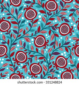 Vintage seamless floral pattern with decorative pomegranate  fruits and leaves. Floral repeating background. Natural print texture.  Wallpaper.