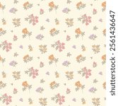 Vintage seamless floral pattern. Ditsy style background of small flowers. Ditsy floral over light yellow background. Small flower pattern for fashion, wrapping, printing on fabrics and surface.