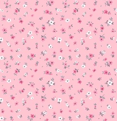 Vintage Seamless Floral Pattern. Ditsy Style Background Of Small Pastel Color Flowers. Small Blooming Flowers Scattered Over A Pink Background. Stock Vector For Printing On Surfaces And Web Design.