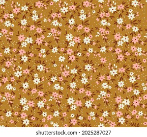 Vintage seamless floral pattern. Ditsy style background of small pastel color flowers. Small blooming flowers scattered over a gold background. Stock vector for printing on surfaces and web design.