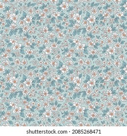 Vintage seamless floral pattern. Ditsy style background of small white flowers. Small blooming flowers scattered over a pale blue background. Stock vector for printing on surfaces and web design.