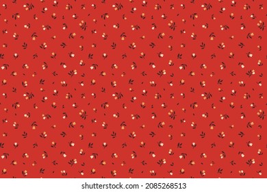 Vintage seamless floral pattern. Ditsy style background of small white and yellow flowers. Small  flowers scattered over a  terracotta background. Stock vector for printing on surfaces and web design.