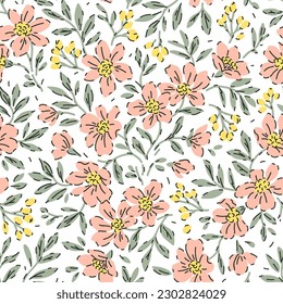 Vintage seamless floral pattern. Ditsy style background of small flowers. Yellow berries. Small coral flowers scattered over a white background. Stock vector for printing on surfaces and web design.