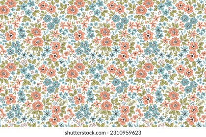 Vintage seamless floral pattern. Ditsy style background of small flowers. Small blooming flowers scattered over a white background. Stock vector for printing on surfaces and web design.