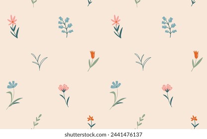 Vintage seamless floral pattern. Ditsy style background of small flowers. Small blooming flowers on light neutral background. vector seamless pattern for printing on surfaces and web design.