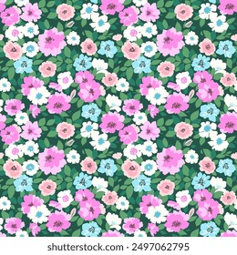 Vintage seamless floral pattern. Ditsy style background of small flowers. Small abstract flowers scattered over a green background. Stock vector for printing on surfaces and web design.