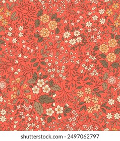 Vintage nahtlose Blumenmuster. Ditsy Stil kleine erdige Farben Blumen. Kleine blühende Blumen verstreut auf Terrakotta-Hintergrund. Stock-Vektor für den Druck auf Oberflächen und Web-Design. Stock 