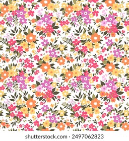 Vintage seamless floral pattern. Ditsy style background of small flowers. Small abstract flowers scattered over a white background. Stock vector for printing on surfaces and web design.