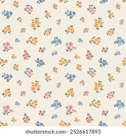 Padrão floral sem emenda vintage. Ditsy estilo fundo de pequenas flores coloridas pastel. Pequenas flores desabrochando espalhadas sobre um fundo cinza. Vetor de estoque para impressão em superfícies e web design.