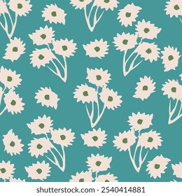 Vintage seamless floral pattern. Ditsy style background of small flowers. Small blooming flowers scattered over a green background. Stock vector for printing on surfaces and web design