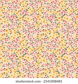 Vintage seamless floral pattern. Ditsy style background of small flowers. Small yellow and pink blooming flowers scattered over a white background. Stock vector for printing on surfaces and web design