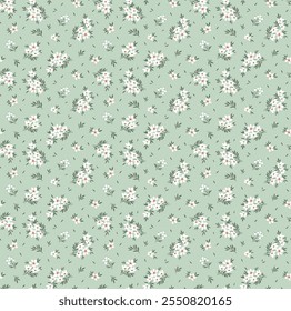 Vintage seamless floral pattern. Ditsy style background of small flowers. Small blooming white flowers scattered over a light blue background. Stock vector for printing on surfaces and web design.