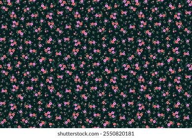 Vintage seamless floral pattern. Ditsy style background of small flowers. Small blooming pink flowers scattered over a black background. Stock vector for printing on surfaces and web design.