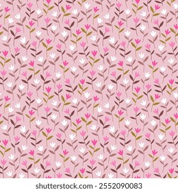 Vintage seamless floral pattern. Ditsy style background of small flowers. Small blooming pink and white flowers scattered over a rose background. Stock vector for printing on surfaces and web design.
