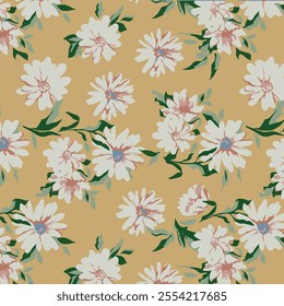 Vintage seamless floral pattern. Ditsy style background of small flowers. Small blooming flowers scattered over a ivory background. Stock vector for printing on surfaces and web design.
