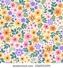 Vintage seamless floral pattern. Ditsy style background of small pastel flowers. Small blooming daisy flowers scattered over a white background. Stock vector for printing on surfaces and web design.