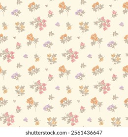 Vintage seamless floral pattern. Ditsy style background of small flowers. Ditsy floral over light yellow background. Small flower pattern for fashion, wrapping, printing on fabrics and surface.