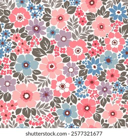 Vintage seamless floral pattern. Ditsy style background of small flowers. Small blooming flowers scattered over a white background. Stock vector for printing on surfaces and web design.