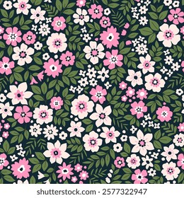 Vintage seamless floral pattern. Ditsy style background of small flowers. Small white and pink blooming flowers scattered over a black background. Stock vector for printing on surfaces and web design.