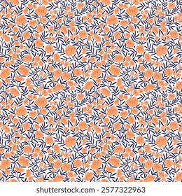 Vintage seamless floral pattern. Ditsy style background of small flowers. Small blooming orange peones flowers scattered over a white background. Stock vector for printing on surfaces and web design.