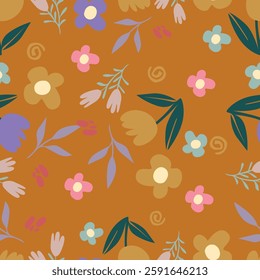 Vintage seamless floral pattern. Ditsy style background of small flowers. Ditsy floral over light yellow background. Small flower pattern for fashion, wrapping, printing on fabrics and surface.