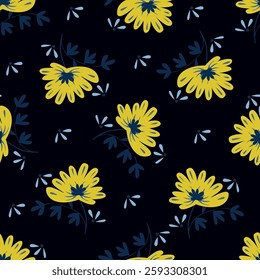 Vintage seamless floral pattern. Ditsy style background of small flowers. Small blooming flowers scattered over a white background. Stock vector for printing on surfaces and web design.