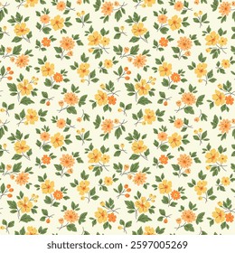 Vintage seamless floral pattern. Ditsy style background of small yellow flowers. Small blooming flowers scattered over a white background. Stock vector for printing on surfaces and web design.