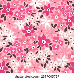 Vintage seamless floral pattern. Ditsy style background of small flowers. Small blooming rose flowers scattered over a light pink background. Stock vector for printing on surfaces and web design.