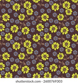 Vintage seamless floral pattern. Ditsy style background of small flowers. Ditsy floral over light yellow background. Small flower pattern for fashion, wrapping, printing on fabrics and surface
