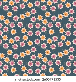 Vintage seamless floral pattern. Ditsy style background of small flowers. Ditsy floral over light yellow background. Small flower pattern for fashion, wrapping, printing on fabrics and surface