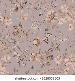 Vintage seamless floral pattern. Ditsy style background of small flowers. Small blooming pink flowers scattered over a ivory background.