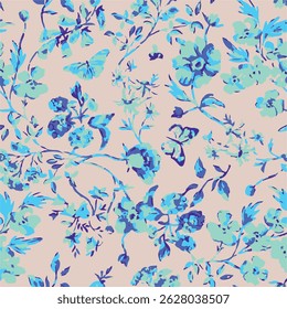 Vintage nahtlose Blumenmuster. Ditsy Stil Hintergrund von kleinen Blumen. Kleine blühende rosafarbene Blumen verstreut auf Elfenbeinhintergrund.
