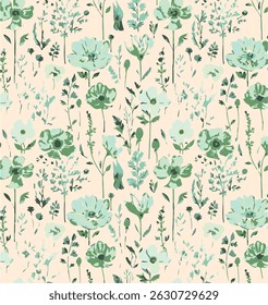 Vintage seamless floral pattern. Ditsy style background of small flowers. Small blooming pink flowers scattered over a ivory background.