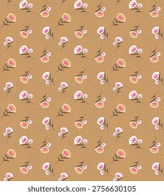 Vintage seamless floral pattern. Ditsy style background of small flowers. Small blooming white and pink flowers scattered over a blue background. Stock vector, liberty floral print, vintage design art