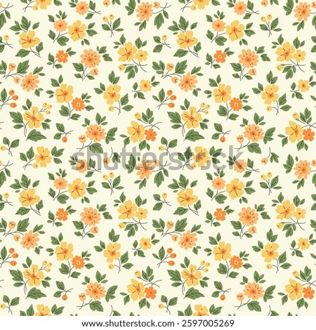 Vintage seamless floral pattern. Ditsy style background of small yellow flowers. Small blooming flowers scattered over a white background. Stock vector for printing on surfaces and web design.