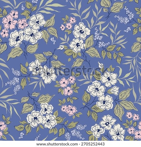 Vintage seamless floral pattern. Ditsy style background of small flowers. Small blooming white and pink flowers scattered over a blue background. Stock vector, liberty floral print, vintage design art