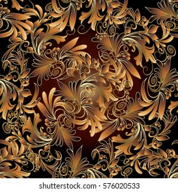 Vintage  seamless floral pattern. Elegant  background with  antique gold 3d flowers, leaves and antique ornaments in Victorian style. Luxury wallpaper. Vector texture for fabric, textile, curtains.