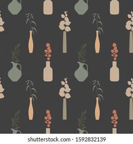 Vintage seamless floral pattern. Seamless pattern with floral element in vase. Beautiful print with hand drawn plants. Hand drawn botany pattern for card, poster, flyer, home decor, fabric and textile