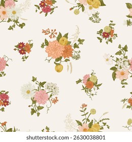 Vintage seamless floral pattern featuring autumnal blooms berries and apples. Ideal for wallpaper, textiles and design projects