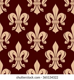 Vintage seamless floral pattern of french royal beige fleur-de-lis symbols over maroon background. Great for heraldic background or interior textile and accessories design